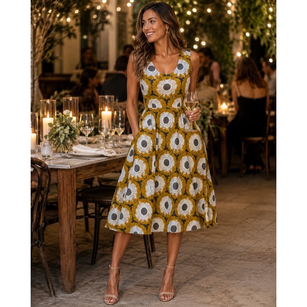 F.Jmi Mustard Yellow Grey Sunburst Geometric Fit Flare Midi Dress Womens Small